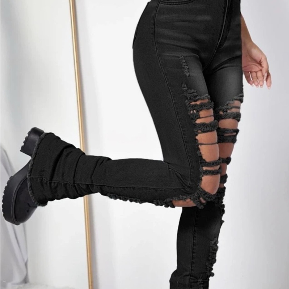 Flared Stylish Black Distressed Women's Jeans